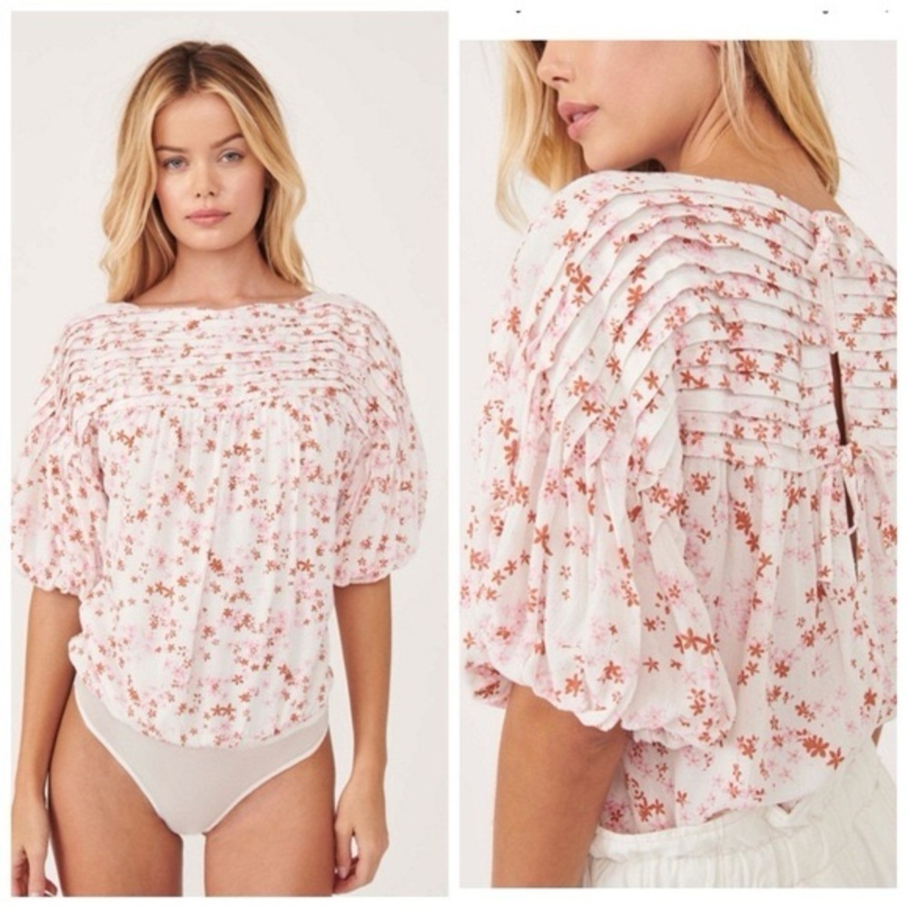 Free People White Bodysuit with Pink and Tan Floral Print bohowear